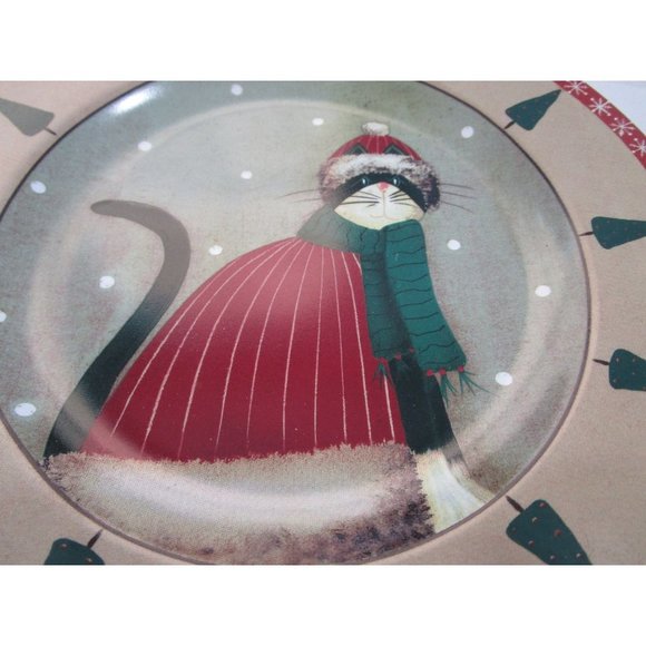 Sakura Fiddlestix Holiday Cat Red Coat Hat Stoneware Holly Rim Salad Plate EUC - Picture 2 of 6